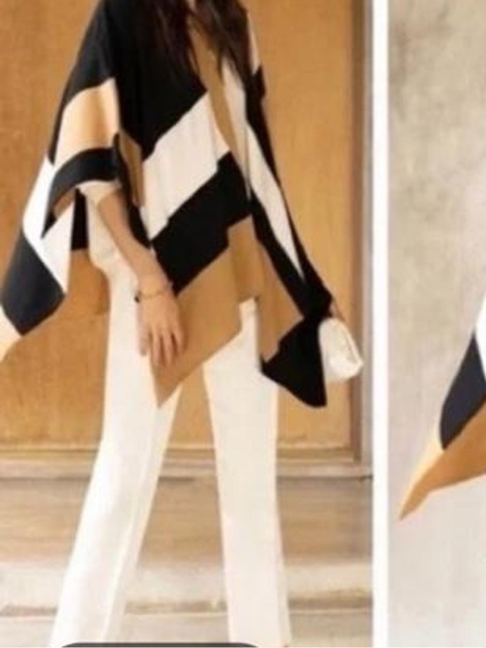 Colorblock Striped Black, Tan & White Women's Poncho Sweater